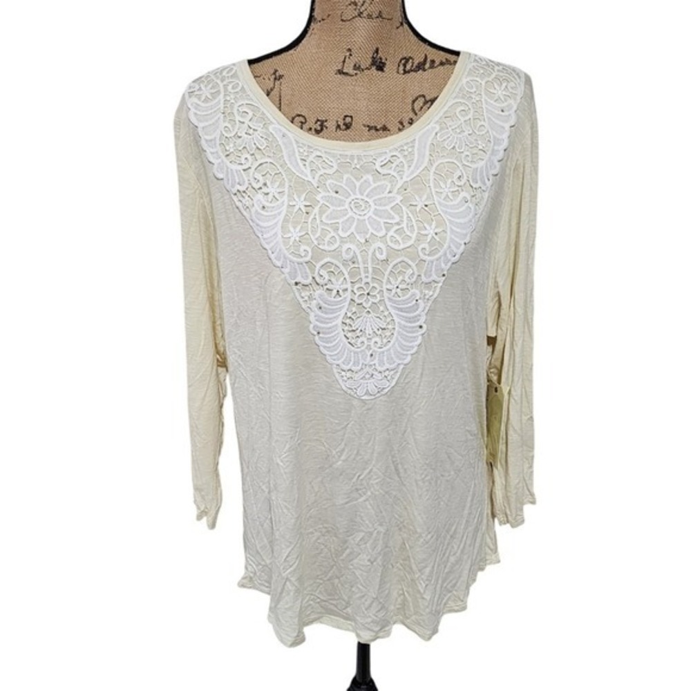 Reba Woman Cream Slub Knit Long Sleeve‎ Crochet Lace Bib Rhinestone Top 1X NEW